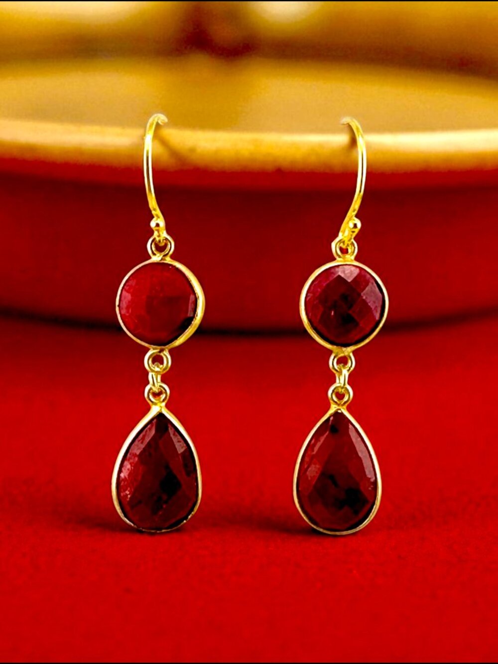 Faceted Ruby Earrings Gold Vermeil Teardrop Dangle July Birthstone 2"